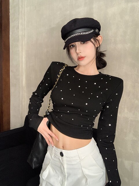 Trendy Rhinestone Shoulder Pad Base Shirt for Women, Spring New Korean Style Slim Fit Sexy Long-Sleeve T-Shirt for Petite Women
