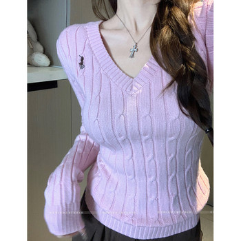 Chic Embroidered V-Neck Cable Knit Sweater for Women, New Winter Korean Style, Age-Reducing, Slim-Fitting Long-Sleeve Base Sweater ins