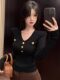 Pure Desire Hot Girl Slim Fit V-Neck Button Long Sleeve T-Shirt for Women 2025 Autumn New Style Short Chanel-Style Base Shirt