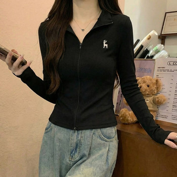 Korean-Style Slim-Fit Black Stand-Up Collar Long-Sleeve Double-Zip Cardigan for Women, Early Spring New Model with Deer Embroidery Design, Casual Jacket