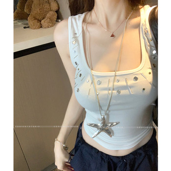 Hot Girl Style Metallic Embellished U-Neck Camisole for Early Spring, New Pure Desire Style Slim Fit Short Sleeveless Top