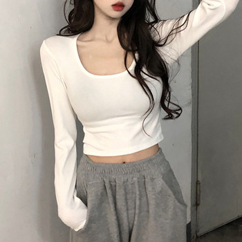 Pure Desire Hot Girl Style Large U-Neck Long-Sleeve White T-Shirt for Women, New Spring Korean Version, Slim Fit Short Base Shirt for Petite Figures