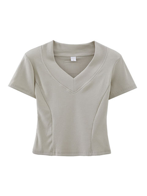 Slim-Fit V-Neck Padded Shoulder Short-Sleeve T-Shirt for Women with Fishbone Design, New Summer Style, Subtle Back Label Short Top