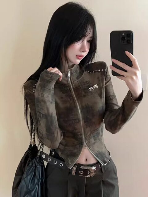 American Retro Tie-Dye Print Stand-Up Collar Long-Sleeve Cardigan for Women, New for Autumn, Irregular Hem, Double Zipper, Crop Top