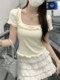 Gentle Apricot Color Pure Desire Lace Trim Square Neck Short-Sleeve T-Shirt for Women, New Summer Style with Delicate Ruffle Edges