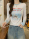 Color-Blocked Long-Sleeve Round-Neck Slim-Fit Short T-Shirt for Women, New Spring Korean Style, Age-Reducing Cat Print Top for Petite Figures