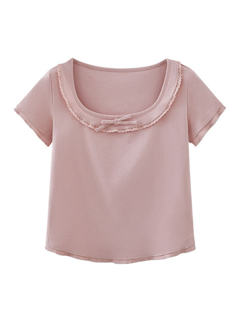 Age-Reducing Sweet Girl Style Square-Neck Short-Sleeve T-Shirt for Women with Lace Trim, New Summer Design with Delicate Ruffled Edges