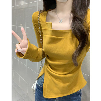 Pure Desire Style Square-Neck Brushed Fabric Inner Layering Shirt That Can Be Worn Outside, Slim Fit Irregular Pleated Waist-Cinching Long-Sleeve T-Shirt for Women Ins