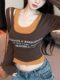 Sexy Hot Girl Color-Blocking Letter Print Long-Sleeve T-Shirt for Women, New Autumn and Winter Slim-Fit Pure Desire Style Tank Top Two-Piece Set