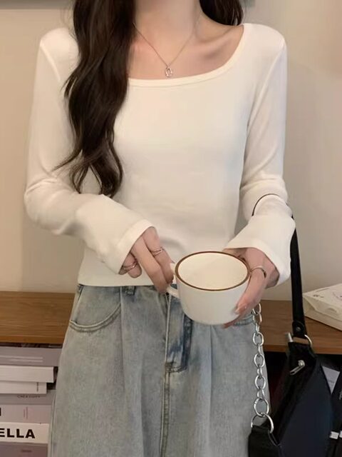 Petite Slim-Fit Square-Neck Long-Sleeve Inner T-Shirt for Women, 2025 Autumn New Basic Versatile Short Base Shirt