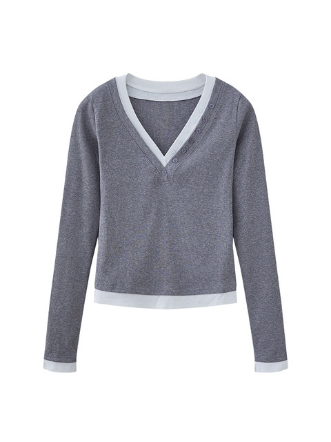 Slim-Fit Color-Block V-Neck Button Design Fake Two-Piece Long-Sleeve T-Shirt for Women, New Spring Style Niche Design Patchwork Top