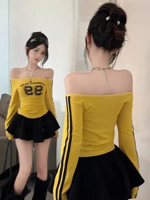 American-Style Spicy Girl Off-Shoulder Color-Block Striped Long-Sleeve T-Shirt for Women, New Spring Letter Print Slim-Fit Short Top