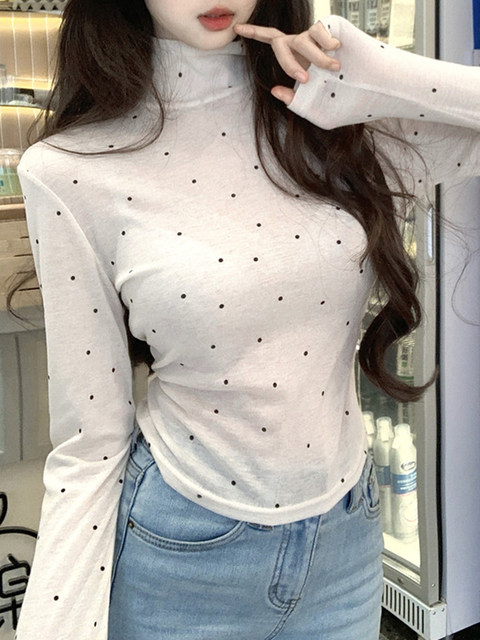 Gentle and Elegant High-Neck Polka Dot Long-Sleeve Base Shirt for Women, New Spring Style, Pure and Alluring Slim-Fit Thin T-Shirt Top