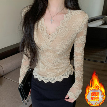 Pure Desire Style High-End V-Neck Brushed Fleece Lace Top for Women, New Autumn and Winter Slim-Fit Sexy and Stylish Base Shirt for Women