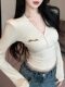 Embroidered Letter V-Neck Padded Shoulder Long-Sleeve T-Shirt for Women, Slim Fit, New Spring Style, Sexy Tight-Fitting Short Base Shirt