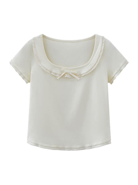 Gentle Apricot Color Pure Desire Lace Trim Square Neck Short-Sleeve T-Shirt for Women, New Summer Style with Delicate Ruffle Edges