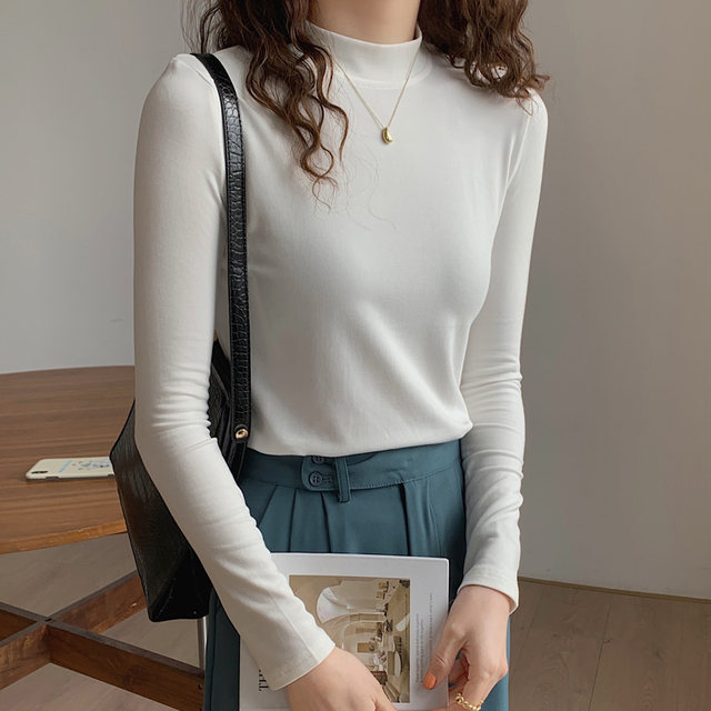 Thin Velvet Mid-Collar Long-Sleeve T-Shirt for Women, White, 2025 Autumn and Winter New Korean Style Slim Fit Small Stand-Up Collar Base Shirt for Layering ins