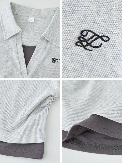 Fake Two-Piece Curved Hem Color-Blocked Polo Collar Base Shirt for Women, New Spring Slim-Fit Embroidered Long-Sleeve T-Shirt