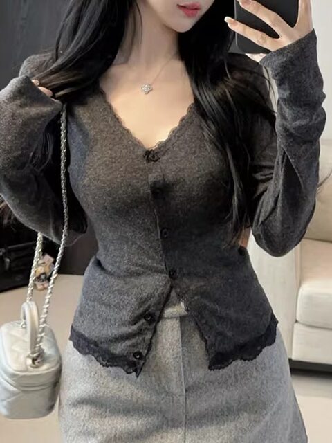 Pure Desire Style Lace Trim V-Neck Long-Sleeve Cardigan for Women, New Autumn Single-Breasted Sexy Slim-Fit Top