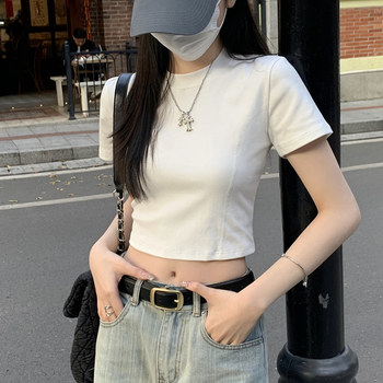Petite High-Waisted Short Round-Neck T-Shirt for Women, Fishbone Slim Fit, New Summer Style ins Spicy Girl Slim Short-Sleeve Top