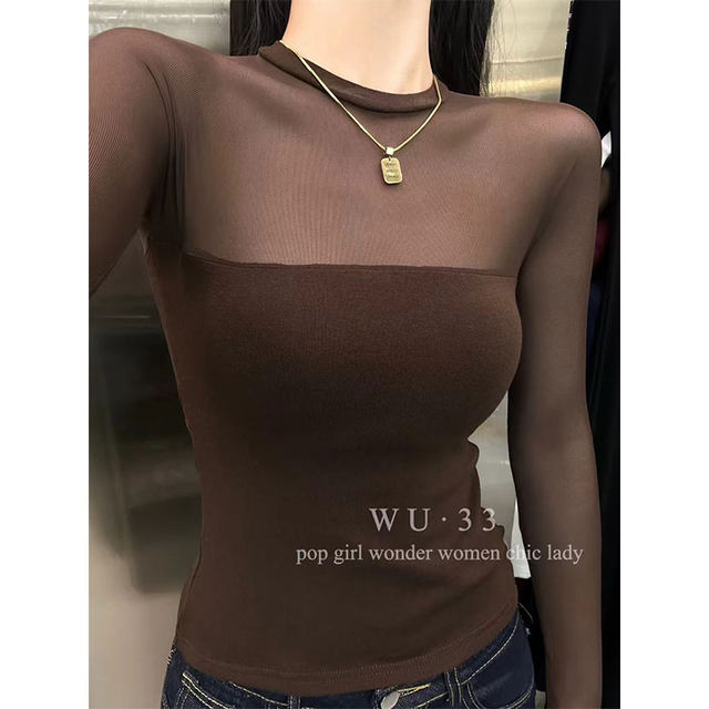 Long-Sleeved T-Shirt with Built-In Bra Pads, Sheer Mesh Splicing, Slim Fit, Round Neck, New Autumn Style for Women