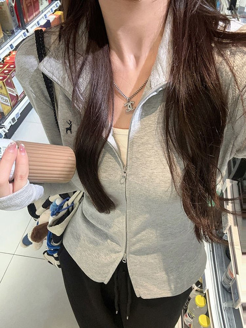 Sports Style Hot Girl Embroidered Double Zipper Stand Collar Jacket Women's Short Autumn and Winter New Slim Fit Mid-Collar Long-Sleeved Cardigan for Women