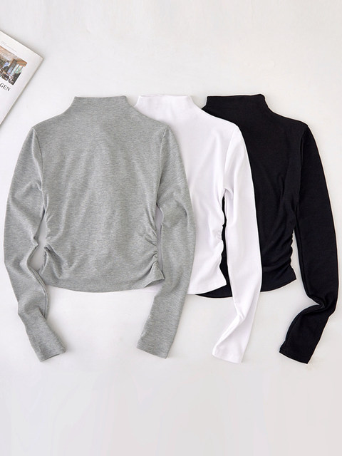 Stand Collar Pleated Women's Base Shirt, Fashionable and Stylish, Short Style, Early Spring New Korean Version, Slim Fit Long-Sleeved T-Shirt Top