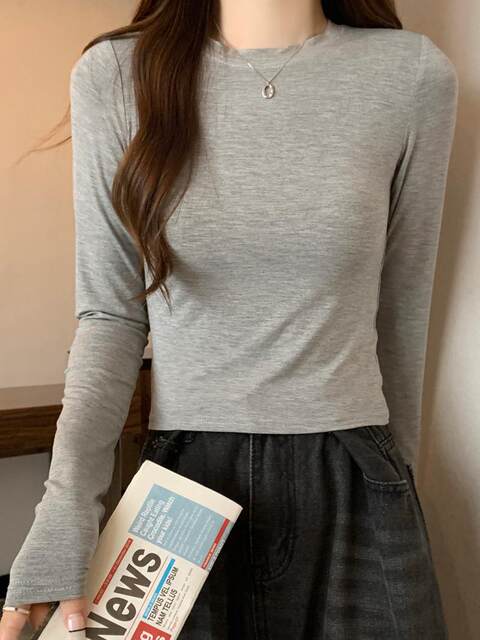 Petite Round-Neck Gray Long-Sleeve T-Shirt for Women, Modal Top, New Spring Style, High-Waisted Short Base Shirt for Trendy Girls