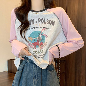 American Retro Cute Print Color-Block Raglan Long-Sleeve T-Shirt for Women, New Spring Loose-Fitting Petite Base Shirt ins