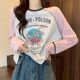American Retro Cute Print Color-Block Raglan Long-Sleeve T-Shirt for Women, New Spring Loose-Fitting Petite Base Shirt ins