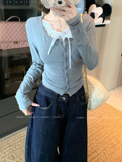 Pure Desire Style Lace Splicing Tie-Up Round Neck Long-Sleeve Faux Two-Piece Women's New Spring Korean Version Slim-Fit Short Top