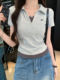 Clever Side Ruching Design Short-Sleeve Faux Two-Piece Women's Summer New Style Fresh Blue Polo Collar Slim-Fit Top