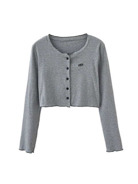 Hot Girl Style Gray Short Cardigan for Women, New Spring Korean Style for Petite Figures, Color-Blocked Round Neck Long-Sleeve Top