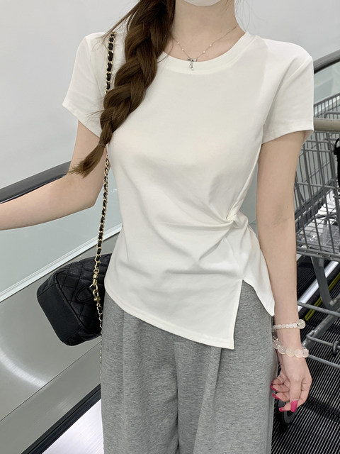 Korean-Style Fresh Blue Round-Neck Short-Sleeve T-Shirt for Women, New Summer Design with Twist Knot and Slit, Slim-Fit Waist-Cinching Top