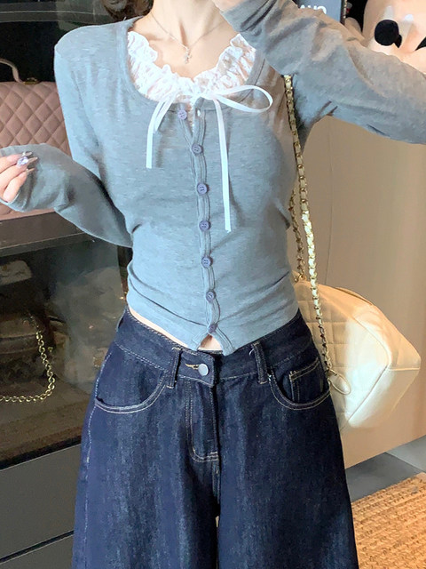 Pure Desire Style Lace Splicing Tie-Up Round Neck Long-Sleeve Faux Two-Piece Women's New Spring Korean Version Slim-Fit Short Top