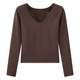 Spicy Girl Lace Patchwork V-Neck Melard Mocha Color Long-Sleeve T-Shirt for Women, New Winter Style with Fleece and Shoulder Pads, Base Layer Top for Women
