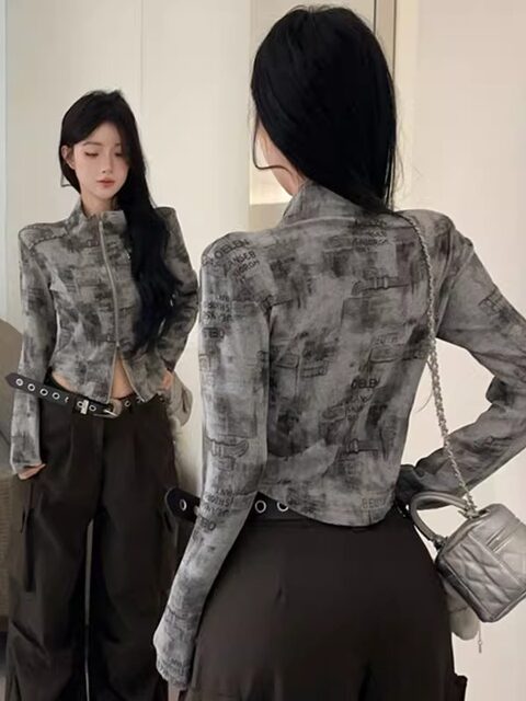 American Retro Tie-Dye Print Stand-Up Collar Long-Sleeve Cardigan for Women, New for Autumn, Irregular Hem, Double Zipper, Crop Top