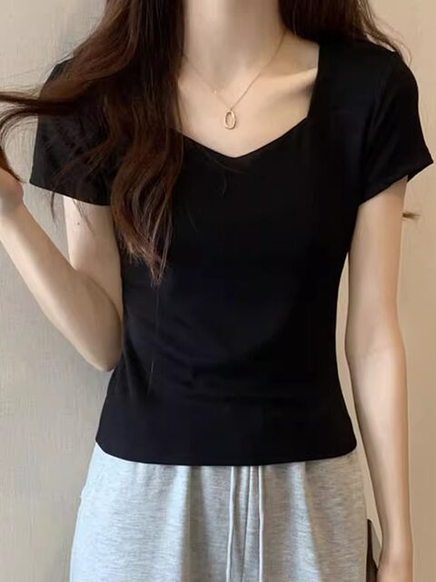 Klein Blue V-Neck Collarbone-Exposing Short-Sleeve T-Shirt for Women, Slim Fit, 2025 Summer New Korean Style, Simple and Versatile Top