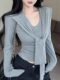 Pure Desire Hot Girl V-Neck Long Sleeve T-Shirt and Shawl Two-Piece Set for Women, New Winter Design with Ruched Waist Short Top