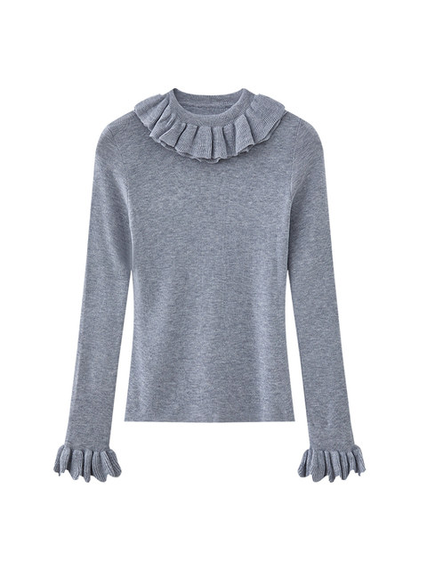 Sweet and Youthful Ruffle Collar Bell-Sleeve Knit Top for Women, New Spring Slim-Fit Layered Stretchy Base Sweater