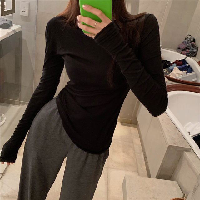 Slightly see-through curled modal long-sleeved t-shirt for women black spring and summer new Korean version slimming sun protection shirt top ins