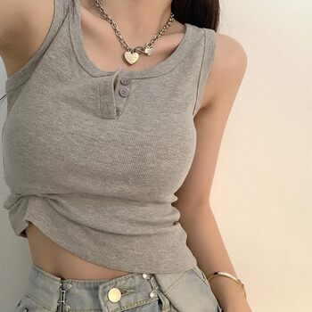 Chic and Sexy Buttoned Ribbed Tank Top for Women, Short Summer Outerwear, Stylish Sleeveless Top, Korean Style Camisole