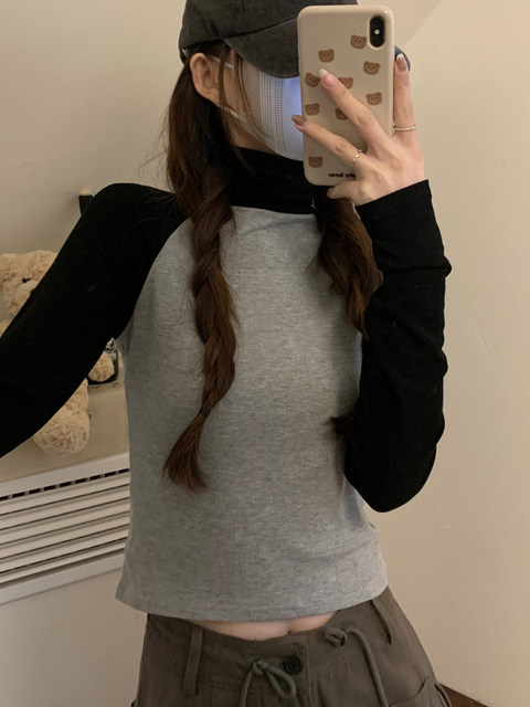 Short Ribbed Turtleneck Raglan Long-Sleeve T-Shirt for Petite Women, New Spring Korean Style Fashionable Hot Girl Base Shirt