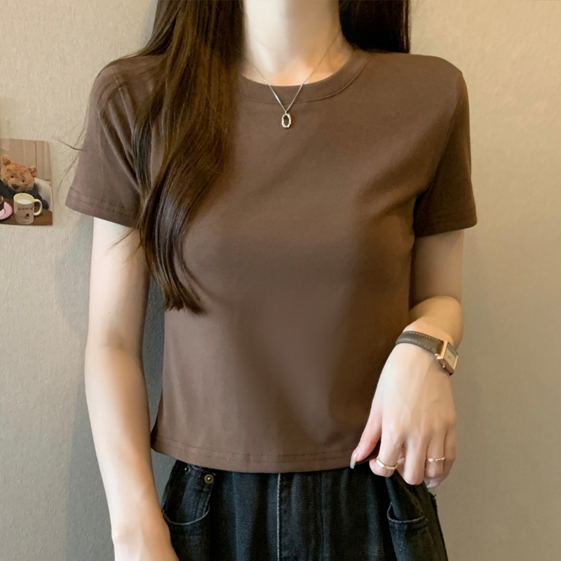 Petite Round-Neck, Regular Shoulder, Coffee-Colored T-Shirt for Women, Short-Sleeved, New Summer Korean Style, Slim-Fit Basic Top, Short Style ins Petite Round-Neck, Regular Shoulder, Coffee-Colored T-Shirt for Women, Short-Sleeved, New Summer Korean Style, Slim-Fit Basic Top, Short Style ins