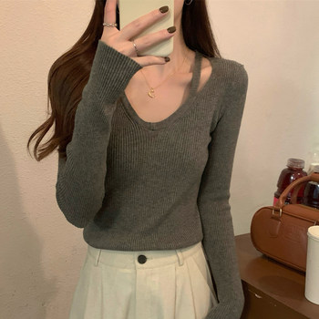Pure Desire Style Halter Neck V-Neck Long-Sleeve Andy Velvet Knit Sweater for Women, New Autumn Korean Version, Elegant Slim-Fit Stretchy Sweater