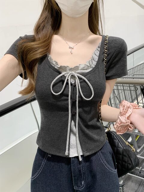 Pure Desire Style Square Neck Tie Contrast Color Fake Two-Piece Short-Sleeve T-Shirt for Women, New Summer Korean Version Slim Fit College Style Top