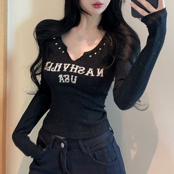 American-Style Spicy Girl Studded V-Neck Long-Sleeve T-Shirt for Women, New Autumn Color-Block Letter Print Slim-Fit Short Top
