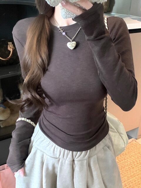 Korean-Style Gentle Style Taro Purple Long-Sleeve T-Shirt for Women, New Winter Model, Round Neck, Versatile Basic Style, Inner Layering Shirt, Ins