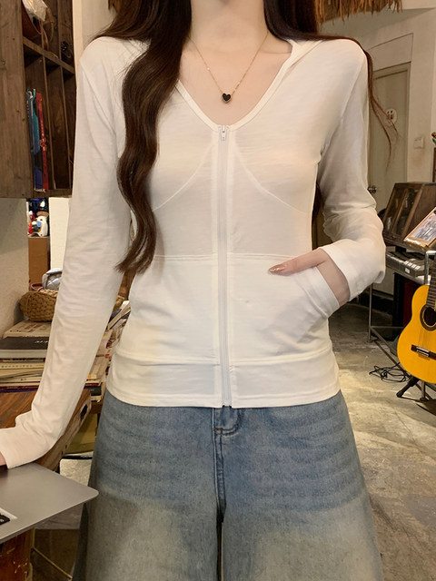 Thin Slim-Fit V-Neck Hooded Zip-Up Sports Jacket for Women, New Spring Korean Style Bamboo Cotton Long-Sleeve Sun-Protective Cardigan