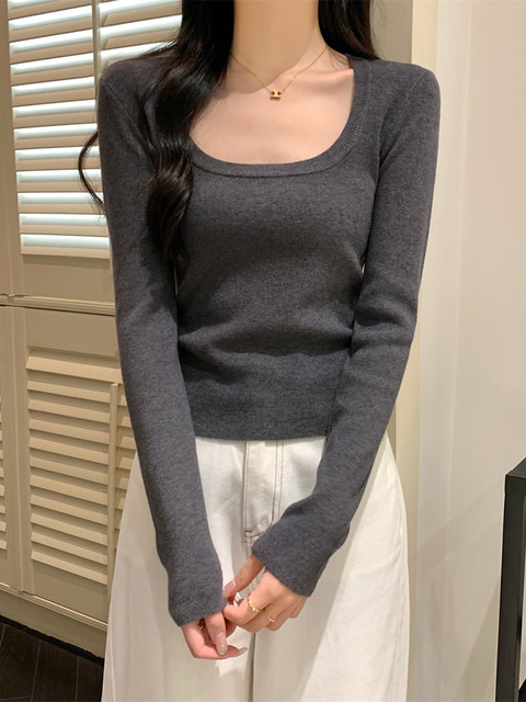Gentle Temperament, Square Collar, Slim-Fitting Long-Sleeved Knitwear for Women, Andy Velvet Inner Layer, New Autumn Style Korean Style Simple Sweater